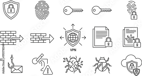 Cybersecurity and Data Protection Line Icon Set with VPN, Encryption, Firewall, Bug Threat and Secure Access Symbols