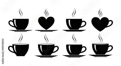 Set of eight simple black coffee cups with steam placed on saucers or standing alone depicting essential hot beverage service icons