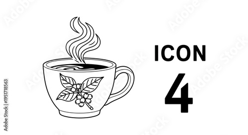 Vintage style hand drawn coffee cup with coffee plant branch and beans on porcelain surface with steam swirls isolated on white background for cafe branding