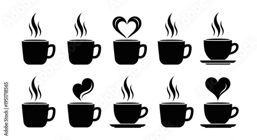 Set of ten coffee cup icons isolated on white background, various styles of hot drinks with steam, black silhouettes of mugs and saucers