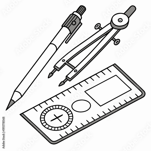 Colored compass with pencil and ruler drafting tools