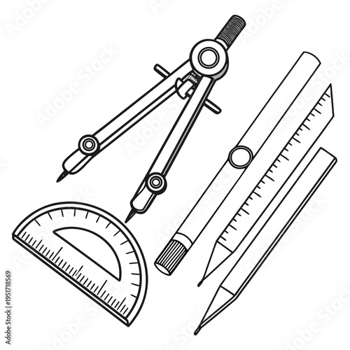 Black and white compass with pencil and ruler drafting tools