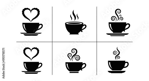 Set of six hot drink cups on a grid, featuring heart-shaped steam and spiral steam, isolated on a white background, black silhouettes