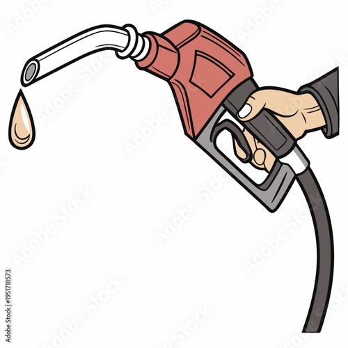 Hand holding red and gray gas pump nozzle with single drop of gasoline