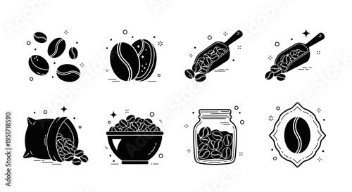 Set of eight coffee bean icons isolated on white background, various representations of roasted coffee beans in different forms