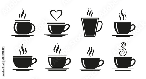Eight black silhouette cups and bowls with steam, some on saucers, isolated on white background vector