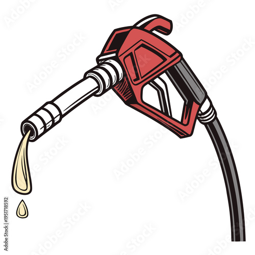 Red and gray gas pump nozzle with two drops of gasoline