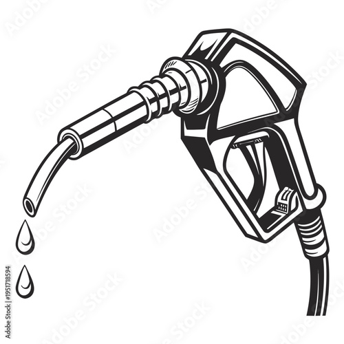 Black and white gas pump nozzle with two drops of gasoline