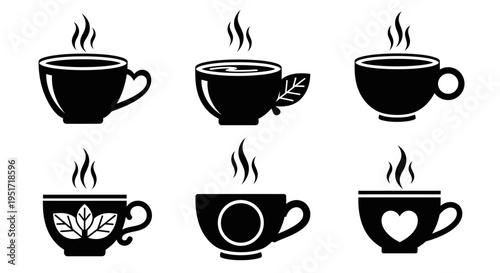 Six black silhouette cups with steam and decorative elements like leaves and hearts, isolated on white