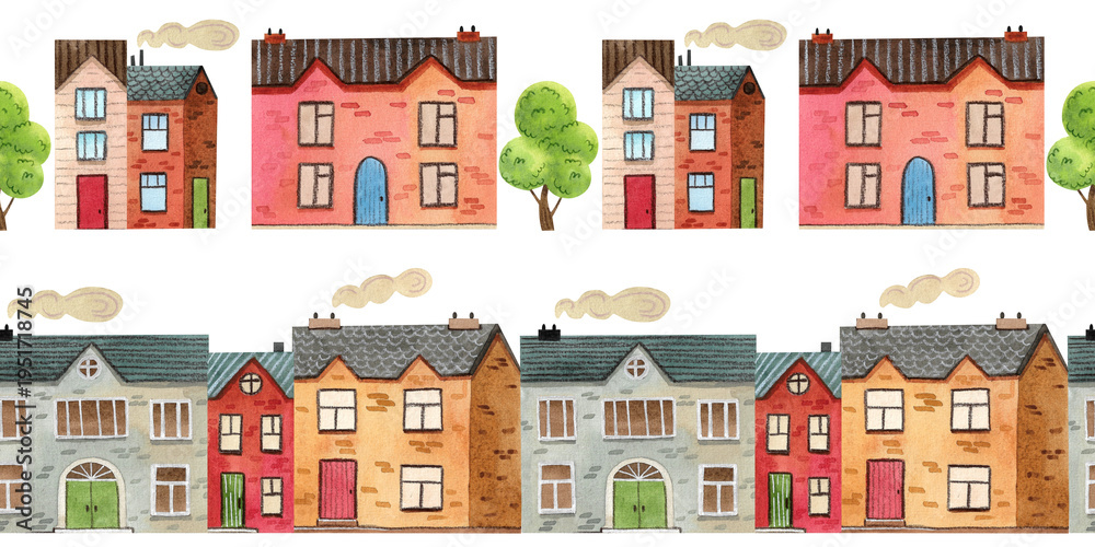 Obraz premium Set of seamless borders featuring cozy, colorful watercolor houses and trees. Hand drawn illustrations of buildings.