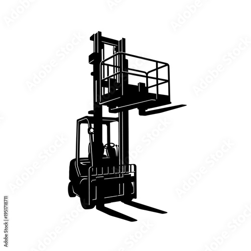 Black Silhouette of an Order Picker Forklift for Warehouse Elevation and Inventory Management