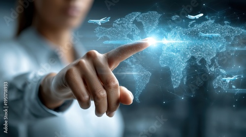 Woman's Hand Interacting with a Digital World Map Hologram Display for Global Business and Connectivity