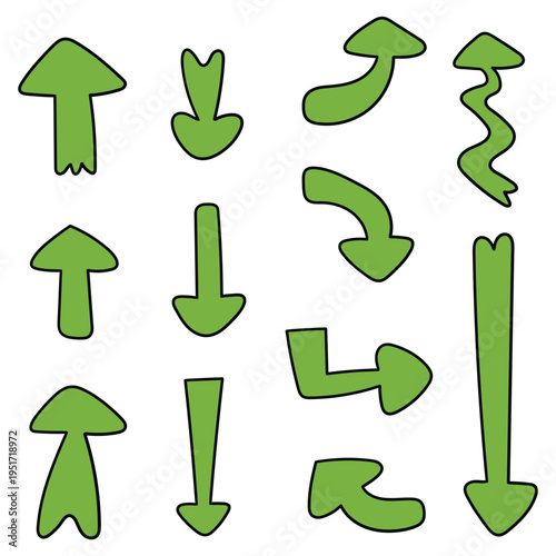 Hand-drawn cartoon set of green arrows on a white background.