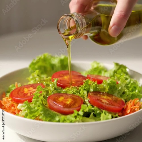 Pouring olive oil over fresh salad