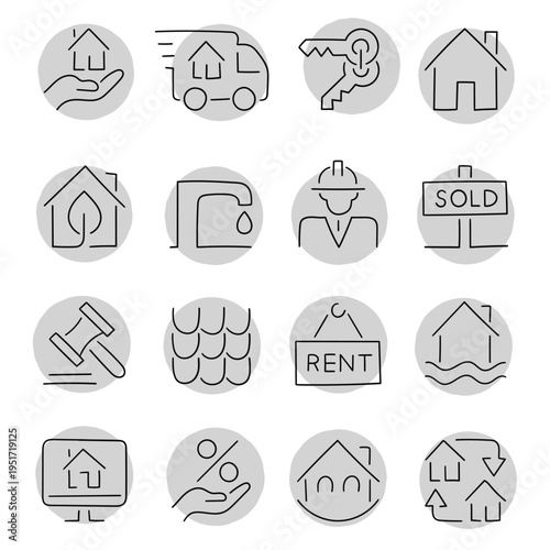 Hand-drawn cartoon set of real estate icons on a white background.