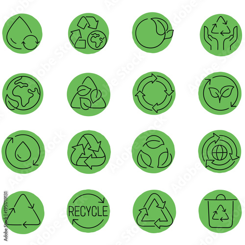 Hand-drawn cartoon set of recycling icons on a white background.