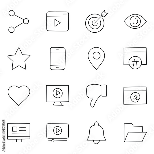 Hand-drawn doodle set of social media icons on a white background.