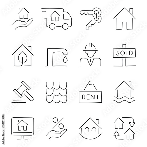 Hand-drawn doodle set of real estate icons on a white background.