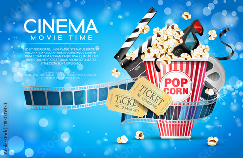 Cinematic vector blue banner with film industry elements. Banner for a film festival.