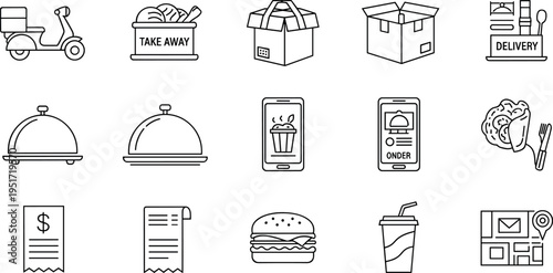 Food Delivery and Takeaway Line Icon Set with Burger Box Scooter and Order Symbols