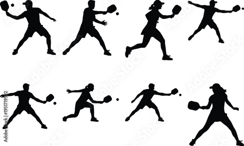 Eight black silhouette figures of men and women playing pickleball, depicted in varied athletic poses and mid-action shots on a white background, symbolizing active lifestyles.