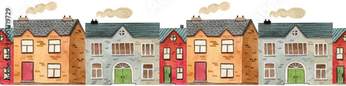 Seamless border with cozy, colorful watercolor houses and trees. Hand drawn buildings. Illustration of urban structures.