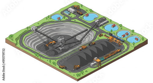 Isometric View of a Coal Mine with Conveyor Belts and Ponds.