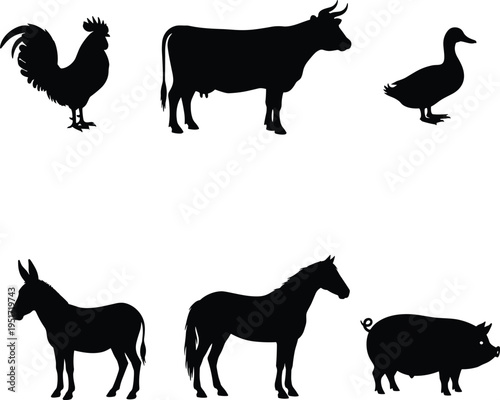 Black silhouettes of rooster, cow, duck, donkey, horse, and pig farm animals for agriculture, education, and barnyard design