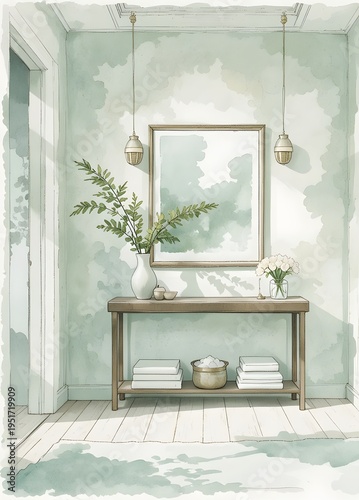 A watercolor illustration of a cozy entryway interior with a wooden console table placed against a textured wall, with a vase of yellow flowers, and decorative objects, in sage color tones