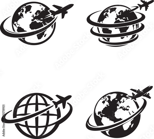 Global travel network icon showing airplane circling the globe for worldwide journeys