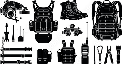 Tactical Military Gear Silhouette Set with Backpack, Vest, Radio, Tools and Equipment Icons