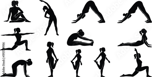 Silhouette collection of yoga poses and stretching exercises showing flexibility, meditation, fitness, wellness, and healthy lifestyle