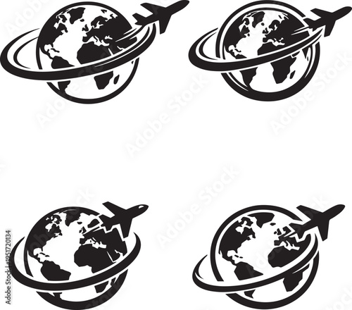 Worldwide journey icon with airplane flying around globe symbolizing global exploration