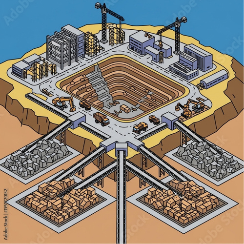Isometric View of a Large-Scale Construction and Mining Site.