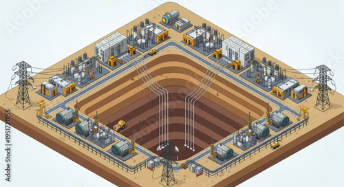Isometric View of a Geothermal Power Plant Operation.