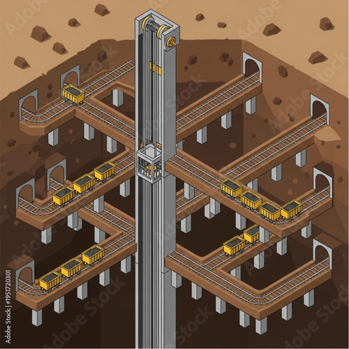 Isometric View of a Mine Elevator and Rail System.