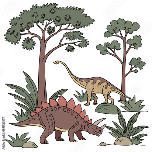 Two dinosaurs, a stegosaurus and a longnecked dinosaur, walking in a prehistoric forest with trees and plants