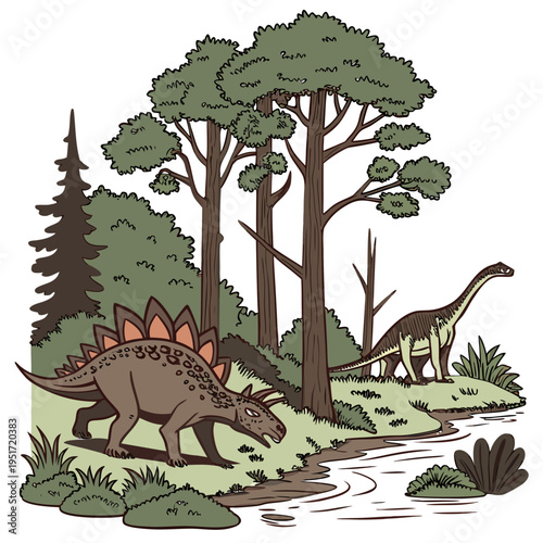A steampunk illustration of a stegosaurus and a longnecked dinosaur in a forest with trees and a stream