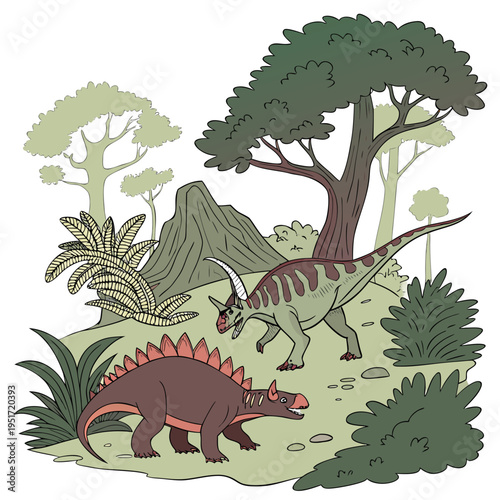 Two dinosaurs walking on a prehistoric landscape with trees and plants