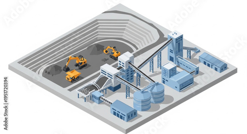 Isometric View of a Mining Operation with Heavy Machinery.