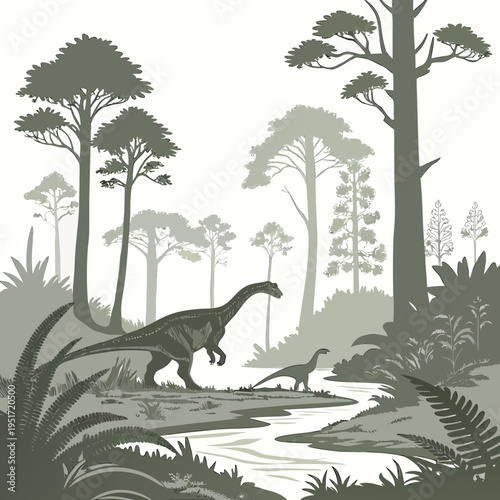 A dinosaur and a small dinosaur standing near a stream in a forest with trees and plants