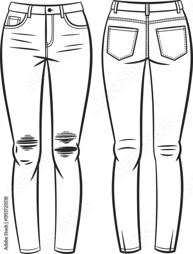 Women distressed skinny jeans technical fashion flat front and back ripped denim pants cad drawing flat vector illustration