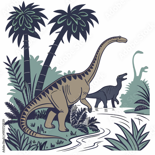 Two dinosaurs standing in a lush prehistoric forest surrounded by palm trees and foliage