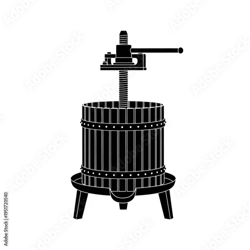 Black Silhouette of a Traditional Wooden Screw Wine Press Basket for Grape Harvesting and Vintners