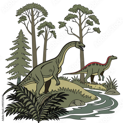 Two green dinosaurs standing on a sandy riverbank surrounded by trees and plants in a prehistoric landscape
