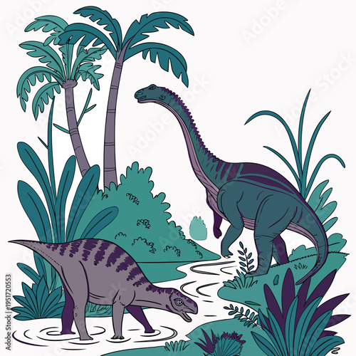 Two dinosaurs standing in a tropical environment with palm trees and plants