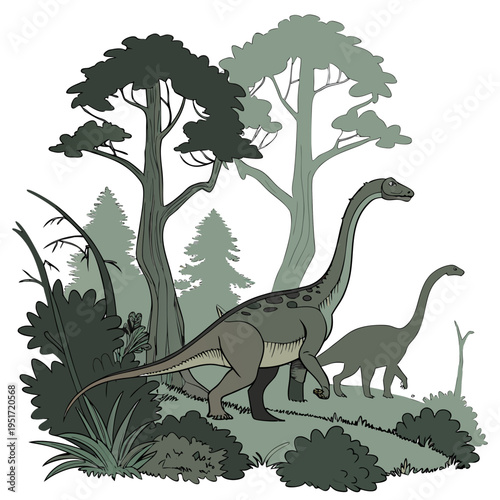 Two sauropod dinosaurs walking through a forest with trees and foliage