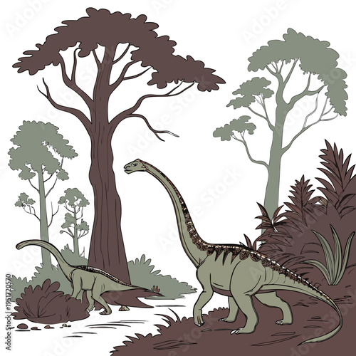 Two sauropod dinosaurs roaming in a prehistoric forest landscape with trees and plants