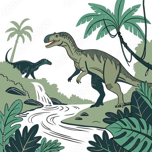 Two green dinosaurs standing by a stream in a tropical prehistoric landscape with palm trees and foliage