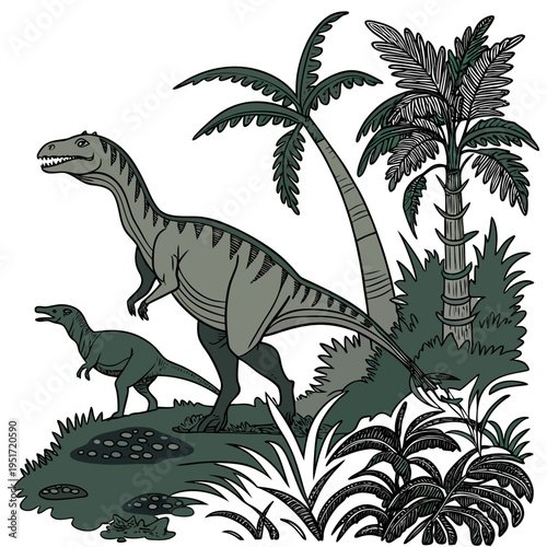 Two dinosaurs standing on a prehistoric landscape with palm trees and plants